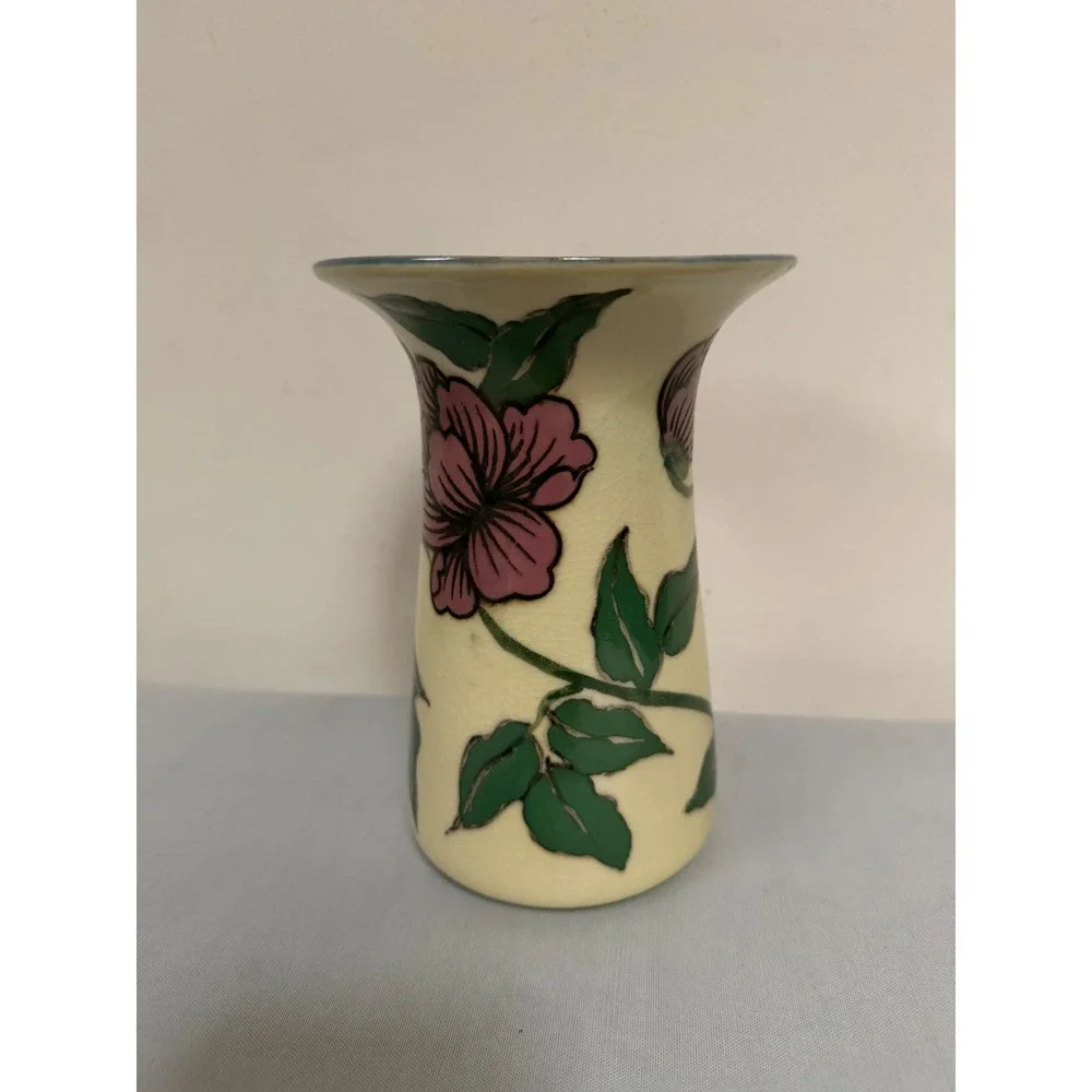 Vintage Hand-Painted Floral Vase Cream Pink Purple Glaze 7.5